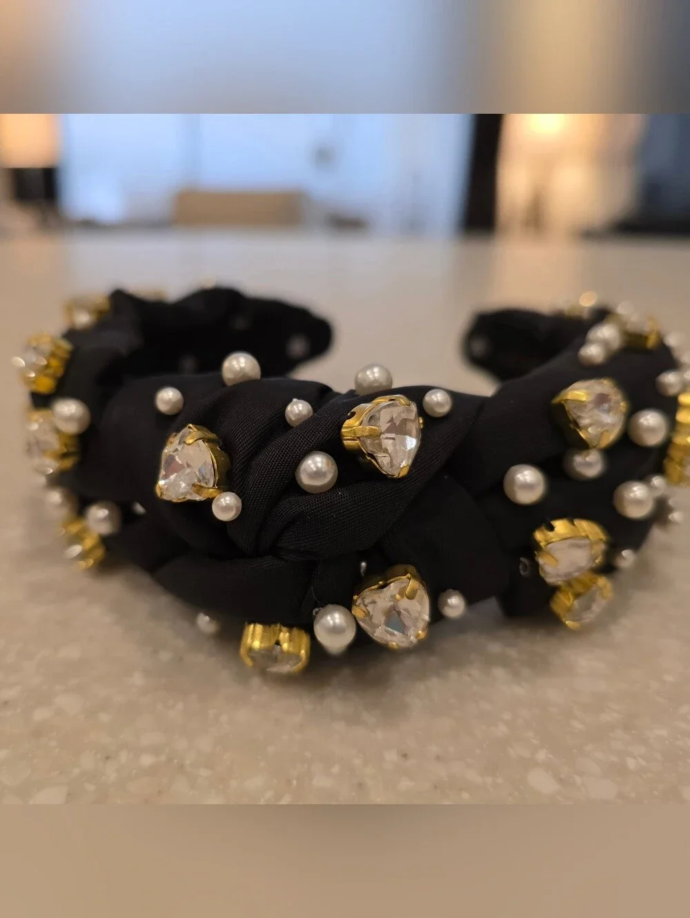 ? LELE SADOUGHI X Stoney Clover Lane Noir Heart Crystal & Pearl Headband SCL ? LELE SADOUGHI X Stoney Clover Lane Noir Heart Crystal  main image 2